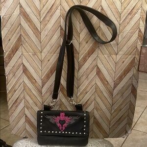 Black pebbled Leather, Pink embroidery Studded Women's crossbody‎ belt hook Bag